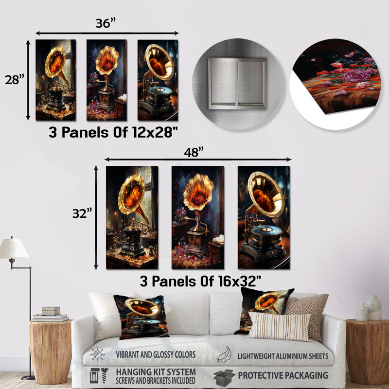 «Gold Phonographs Elegance I», ensemble de 3 reproductions d'art en métal, H 32 po x l 48 po