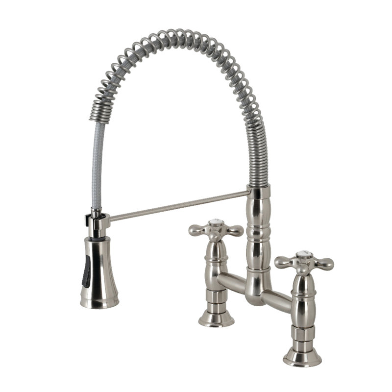 Kingston Brass Heritage Double-Handle 2-Hole Deck-Mount Pre-Rinse Bridge Kitchen Faucet, Brushed Nickel