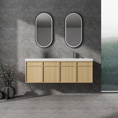 Meuble-lavabo mural 60 po avec double lavabo en résine, 4 portes à fermeture douce, chêne original, contreplaqué