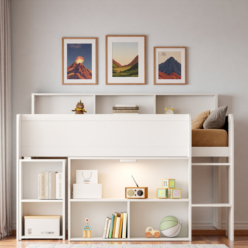 Lit mezzanine avec plusieurs tablettes de rangement, bureau et DEL, Blanc / Blanc
