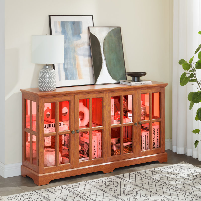 Vitrine à DEL avec vitrine antique avec portes en verre et tablettes réglables, Chêne