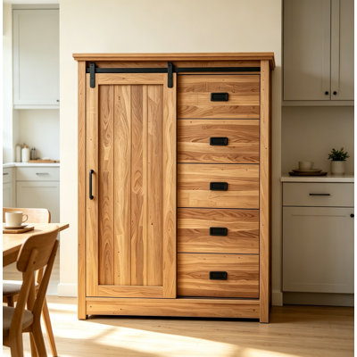 Farmhouse 5-Drawer Dresser with Sliding Barn Door, Tall Storage Chest Cabinet with Adjustable Shelves for Bedroom, Hallway and Living Room