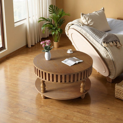 Farmhouse Round Coffee Table with Flip-Top Hidden Storage & Solid Wood Legs, Rustic Brown