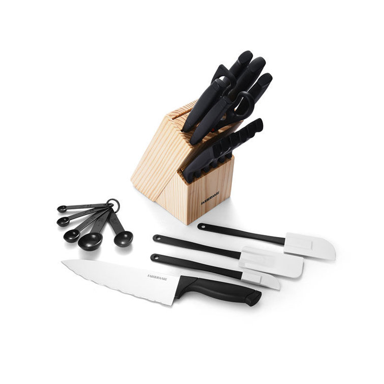 Farberware 22-Piece Never Needs Sharpening Triple Rivet High-Carbon Stainless Steel Knife Block and Kitchen Tool Set, Black