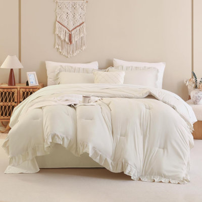 Beige Comforter Set King, 3 Pieces Farmhouse Shabby Chic Ruffle Comforter, Lightweight Fluffy Soft Microfiber All Season Solid Bed Comforter Set (1 Ruffle Comforter & 2 Pillowcases)