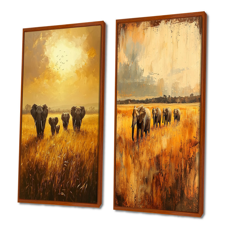 «Elephants Crossing The Savannah I», collection d'art mural animaux 2 pièces, H 40 po x l 41 po, Cadre flottant brun