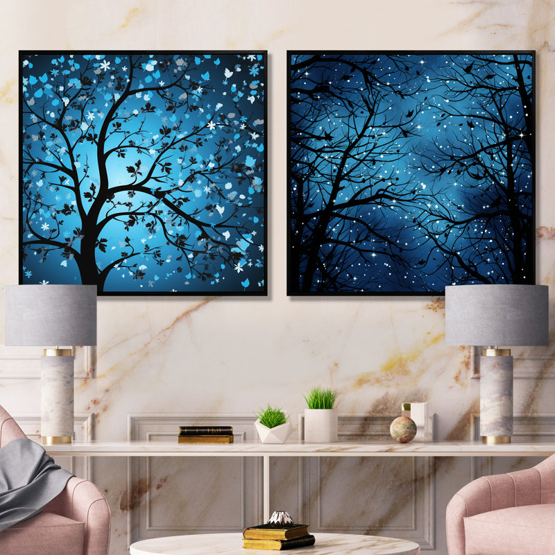 Arbre de lune bleu Revery I - ensemble de 2 décorations murales, Cadre noir, H 16 po x l 33 po x P 1 po