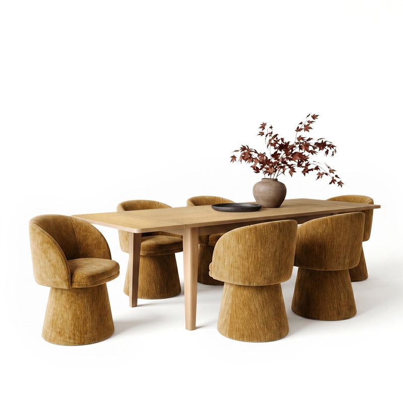 Ensemble de table de salle à manger extensible avec table en placage de bois véritable et chaises pivotantes rembourrées à 360 °