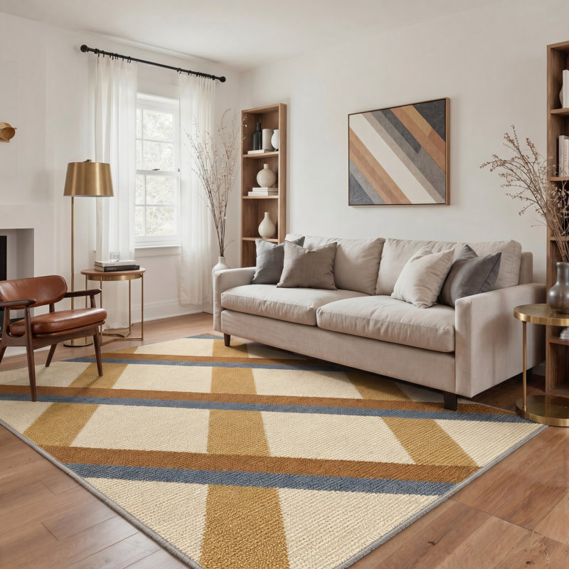 Tapis d'intérieur beige / brun / bleu lavable à la machine Arris avec envers antidérapant Arris, Rond 60 po x 60 po