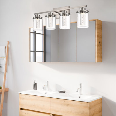 Bathroom Vanity Light Brushed Nickel 4 Light Bathroom Light Fixture, Clear Glass Shade, Crystal Bubble, Eye Protection Dimmable LED Vanity Light