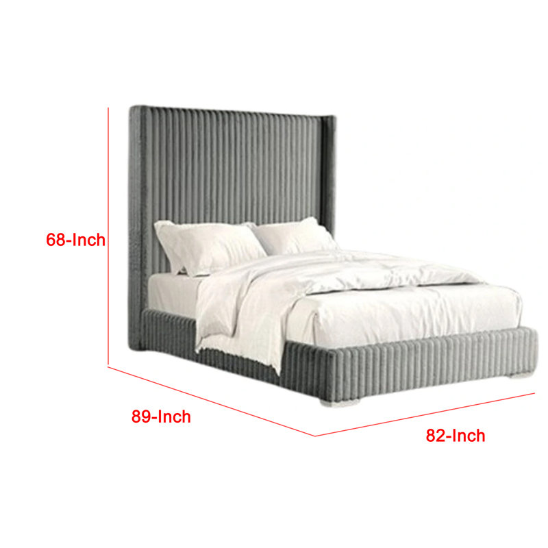 Wolo King Bed, Gray Fur Chenille Ribbed Upholstery, Wing Headboard, Gray, King