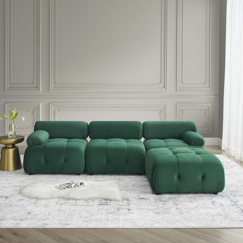 Canapé modulaire modulaire, capitonné à boutons et bricolage, canapé en forme de L avec repose-pieds réversible, Velours vert