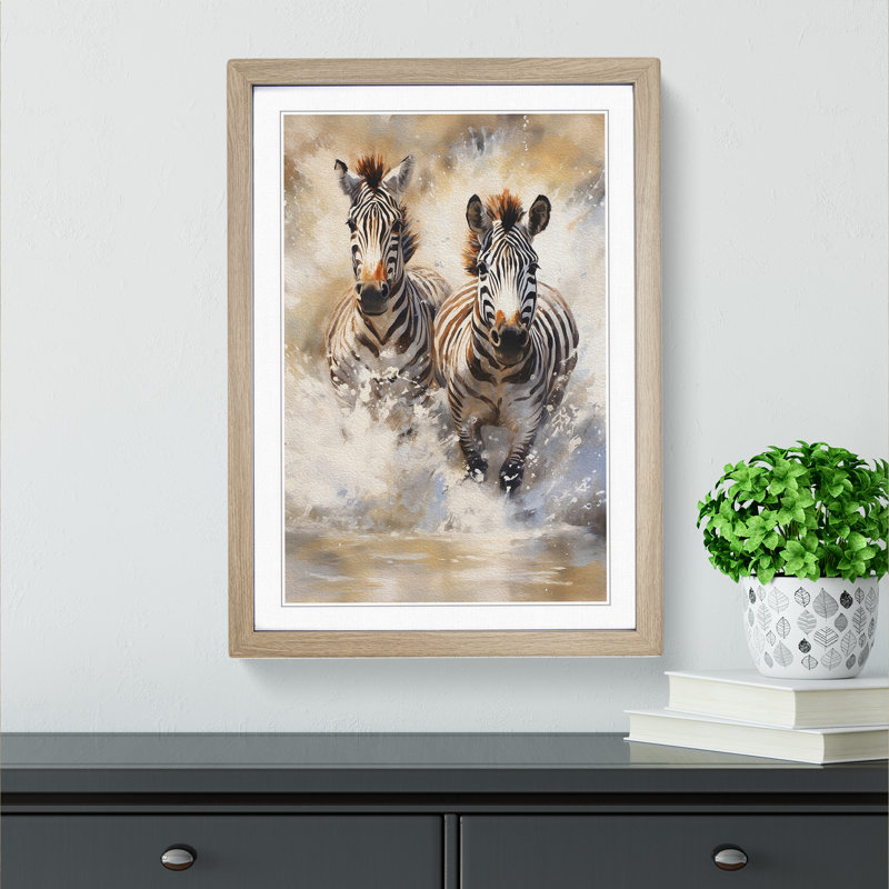 Zebra Impressionism - Single Picture Frame Print on Wood, 64cm H x 46cm W x 2cm D, Oak