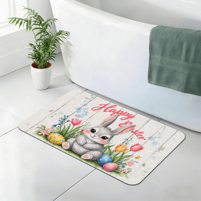 Tapis de salle de bain antidérapant 24 x 36 po avec un lapin gris Joyeuses Pâques pour le vestibule