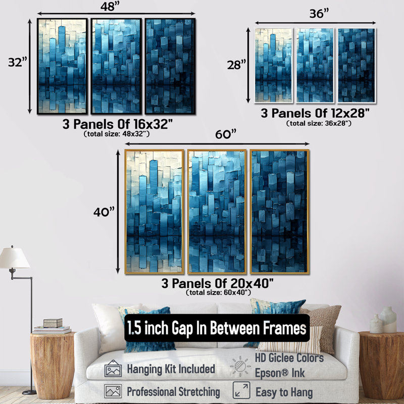 «Drip Paint» de Blue Cubic Matrix III - décoration murale, 3 pièces, H 40 po x l 60 po, Doré