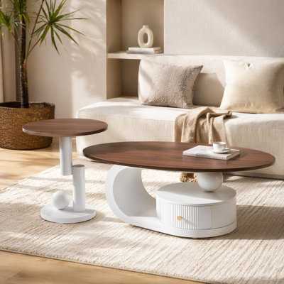 Luxury Nesting Coffee Table Set of 2,  Tables with Storage for Living Room, Oval and Round Table Set, White Center Table, Cocktail Table, Side Table,  Large 47.24'', Small 19.69''
