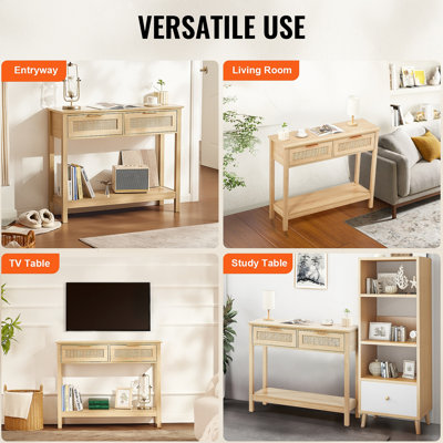 Console en rotin avec 2 tiroirs de rangement, table d'entrée en rotin avec porte coulissante en rotin naturel, table console pour salon, bureau, entrée ou mur télé