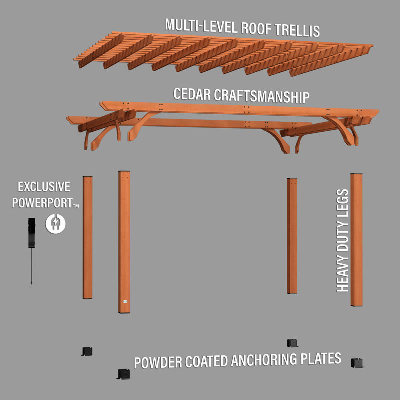 Ensemble de pergola d'extérieur en bois de cèdre 16 pi x 12 pi avec toit en treillis et PowerPort Backyard Discovery Beaumont