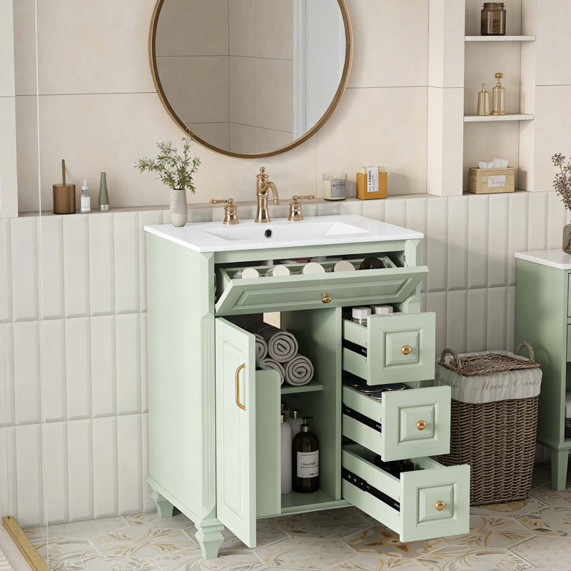 Meuble-lavabo autoportant avec lavabo en céramique, Vert