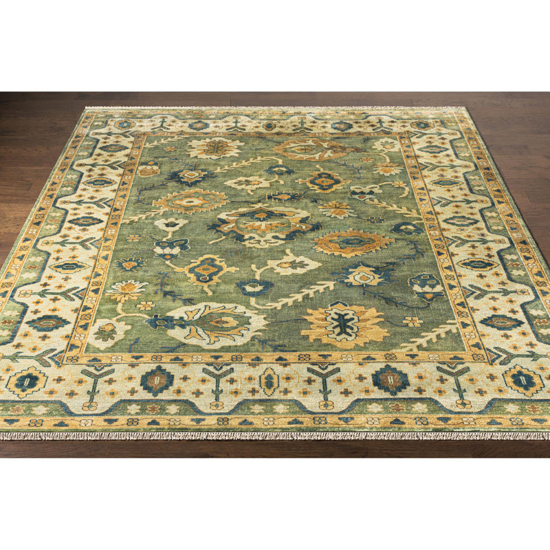 Hillcrest Hand Knotted Wool Ikat Area Rug in Green, Rectangle 12' x 15'