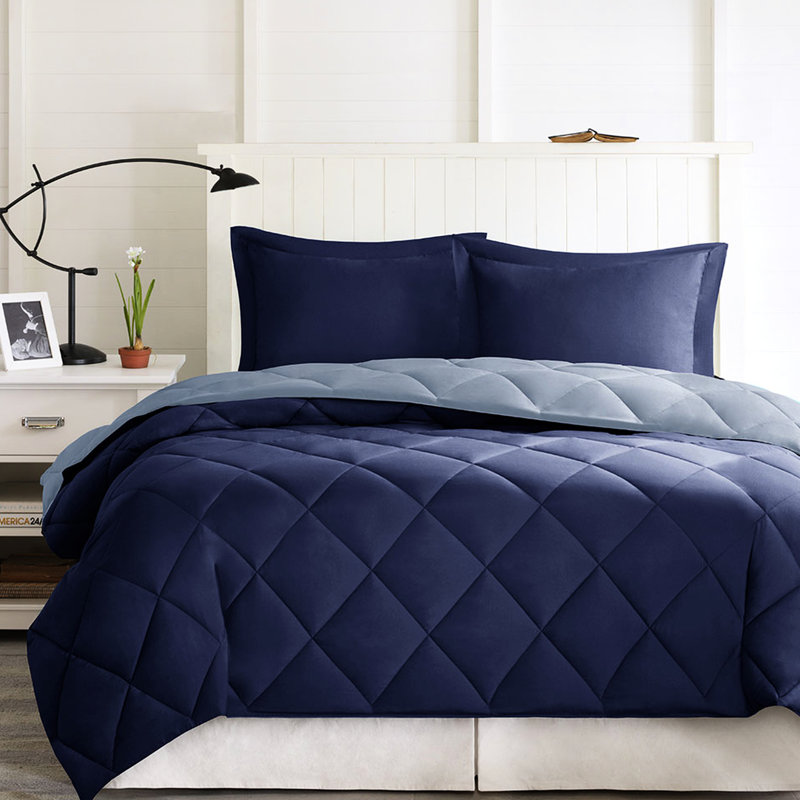 Édredon doux et simple / simple TG avec tissu en coton matelassé réversible de 3 m, Bleu marine/clair