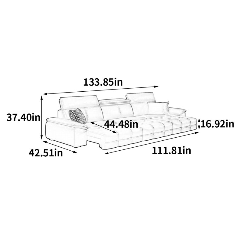 High-end luxury power sofa, 37.4" H x 133.85" W x 42.51" D, 3