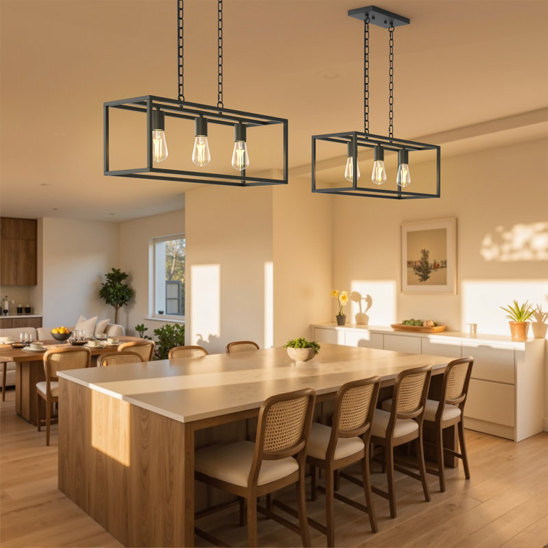 Kitchen Island Steel Rectangle Dimmable Pendant, 3 Lights, 8.8" H x 25.2" W x 8.3" D