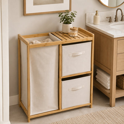 Bamboo Laundry Sorter with 1 Large Hamper & 2 Fabric Drawers, Multi-Functional Bathroom Storage Organizer
