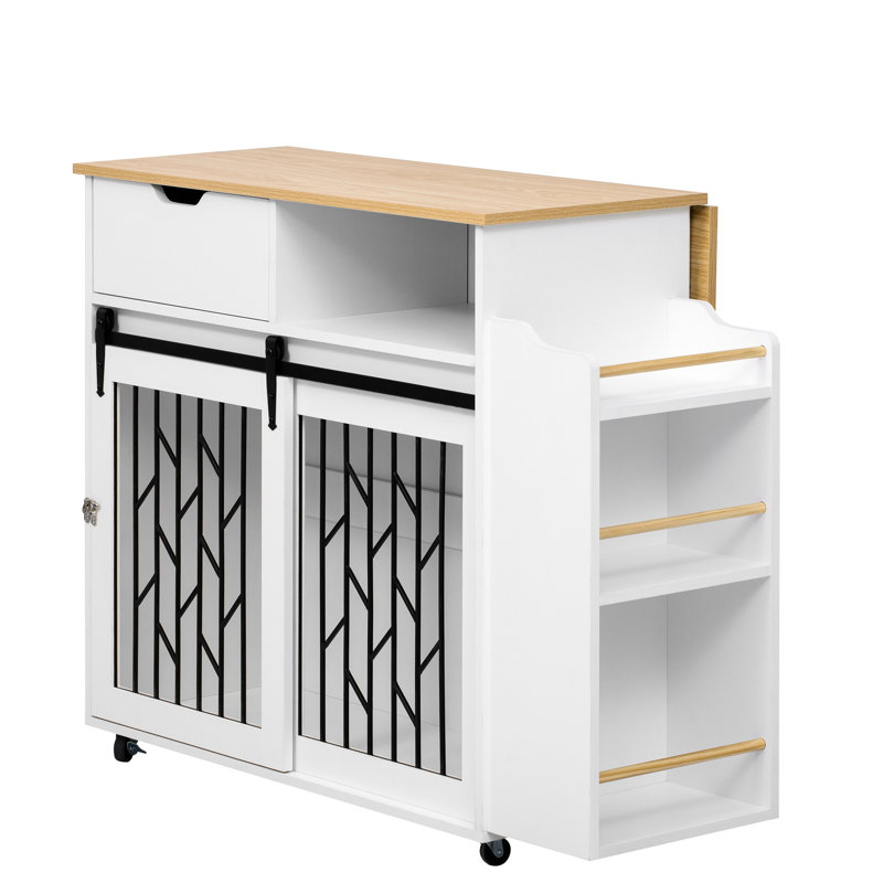 Pet Kitchen Island End Table Dog Crate With Elegant Appearance, White Finish And - Toned Wood, Side Shelves For Extra Storage, Metal Hinges Modern Design, Ample Unique Sliding Doors, Space Wood