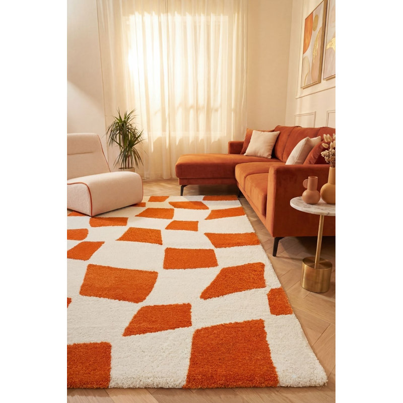 Joli Chequered Area Rug Soft Dense Pile for Living Rooms and Bedrooms, Orange/White, Rectangle 200 x 290 cm