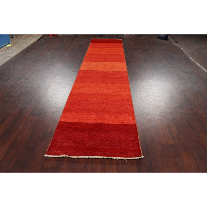 Tapis de couloir rouge en laine noué à la main de conception unique 2 pi 7 po x 12 pi 8 po New Age