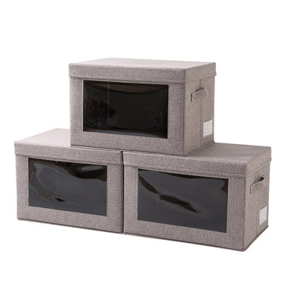 3-piece Bedroom Living Room Fabric Storage Box, Fabric Toy Storage Organizer Box, Foldable with Lid and Visual Window, Stackable, Gray 