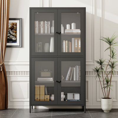 Classic Metal Storage Cabinet Display Cabinet With 4 Glass Doors 4 Shelves Cabinet Bookcase Side Cabinet For Home Office Living Room Kitchen Hallway - Black, Flat Tempered Glass