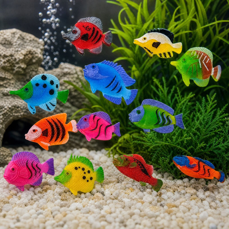 Ensemble de 20 poissons tropicaux flottants en plastique, réalistes et de couleurs assorties, pour piscine, baignoire ou bassin. Parfait pour nettoyer les robinets.