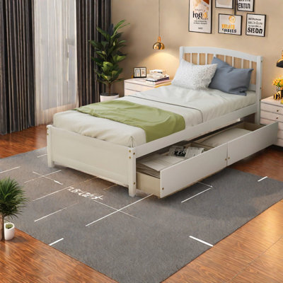 Lit plateforme moderne en bois avec tiroirs de rangement, finition blanche