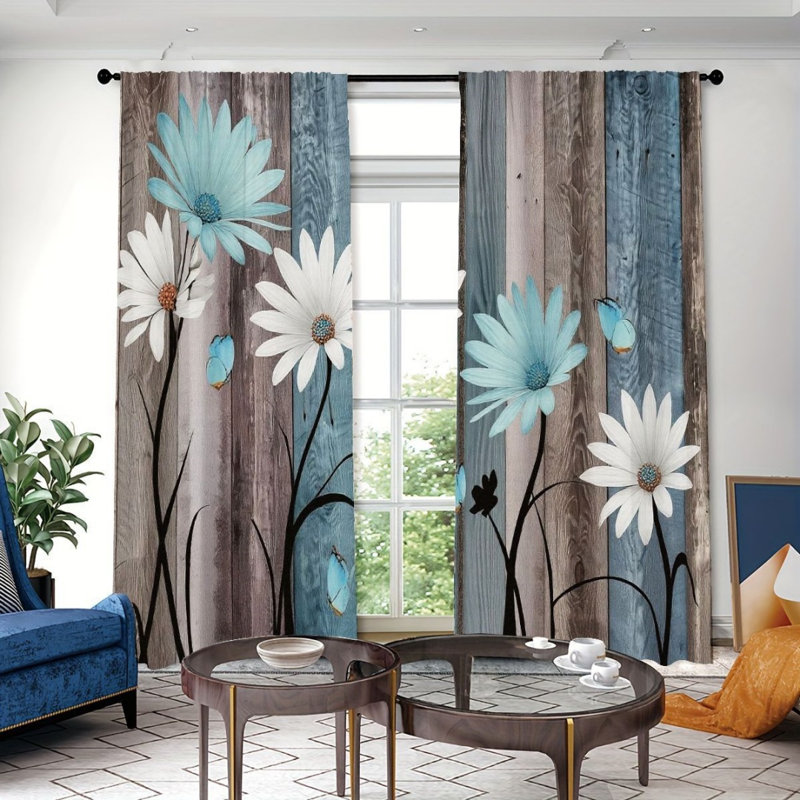 2Pcs Daisy Butterfly Curtains, Blue Wood Grain Background, Rod Pocket Light Filtering, Natural Floral Style, All-Season For Living Room Bedroom Window Decor
