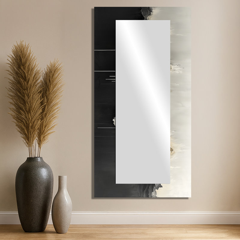 Black White Unbound Horizons Drip Painting II - Abstract Wall Mirror Art - Printed On Metal, 28" x 55"