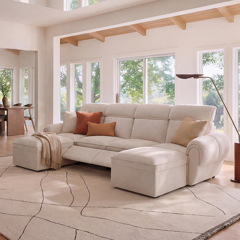 4 Seater Modular Power Reclining Sofa With 2 Ottomans, Recliner Couch With Usb & Type-C Ports, Off White, 1 Power Seat