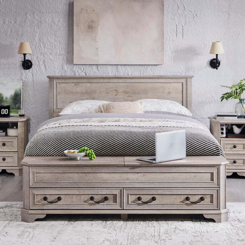 Lit design minimaliste avec tête de lit géométrique 3D et banc de rangement, mobilier de chambre moderne