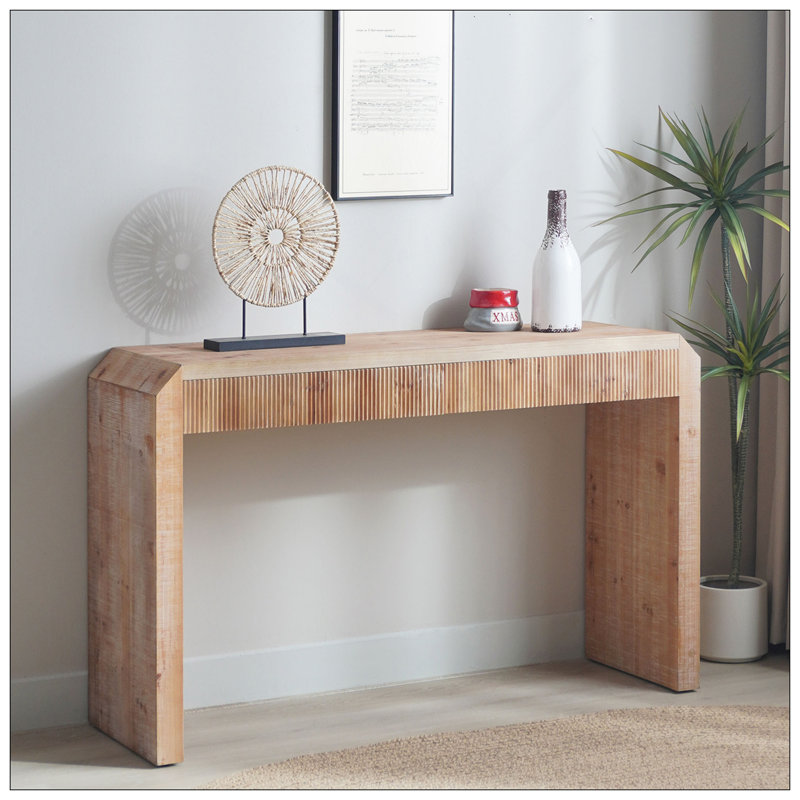 Rustic Wooden Console Table With Drawer – Minimalist Design, Ribbed Texture, And Natural Finish