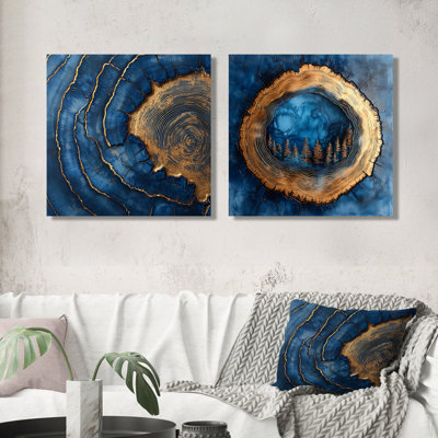Glissade en bois saphir doré doré veines I - forêt, décoration murale - art mural traditionnel 2 pièces