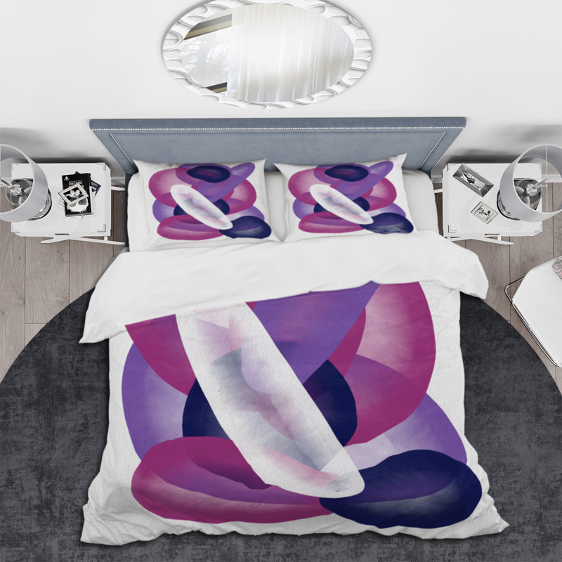 Ensemble de housse de couette en microfibre mauve / rose / blanc, Housse de couette pour grand lit + 2 taies décora
