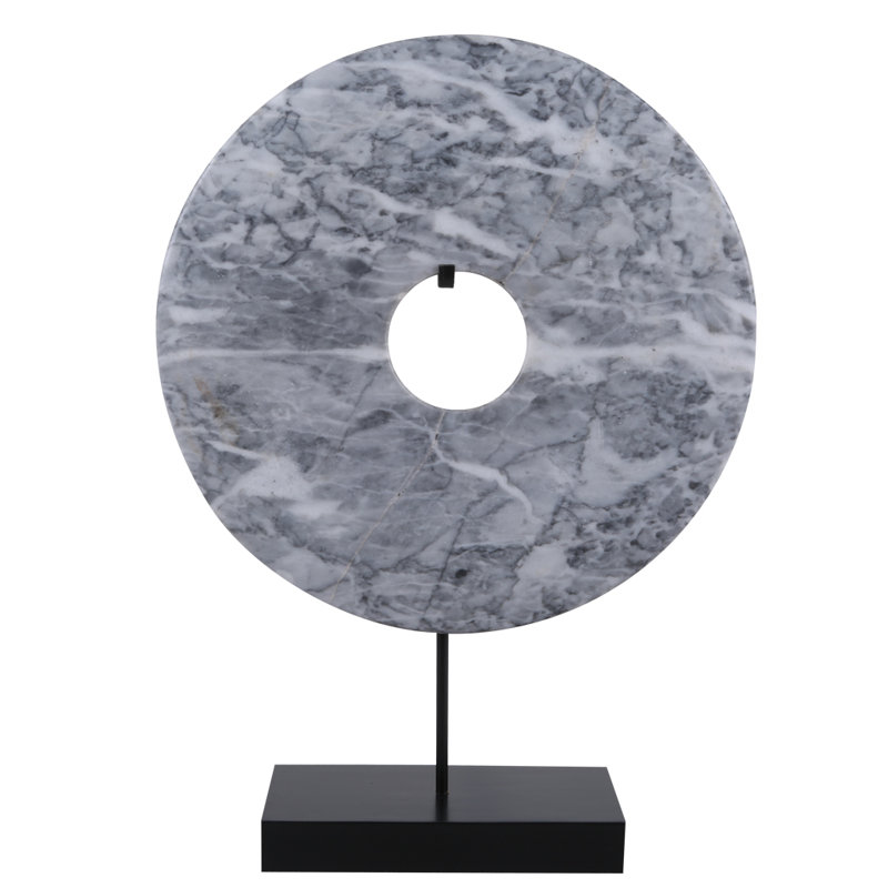 Jade Disk Sculpture with Base, 16" H x 2" W x 12" D, Marble Black