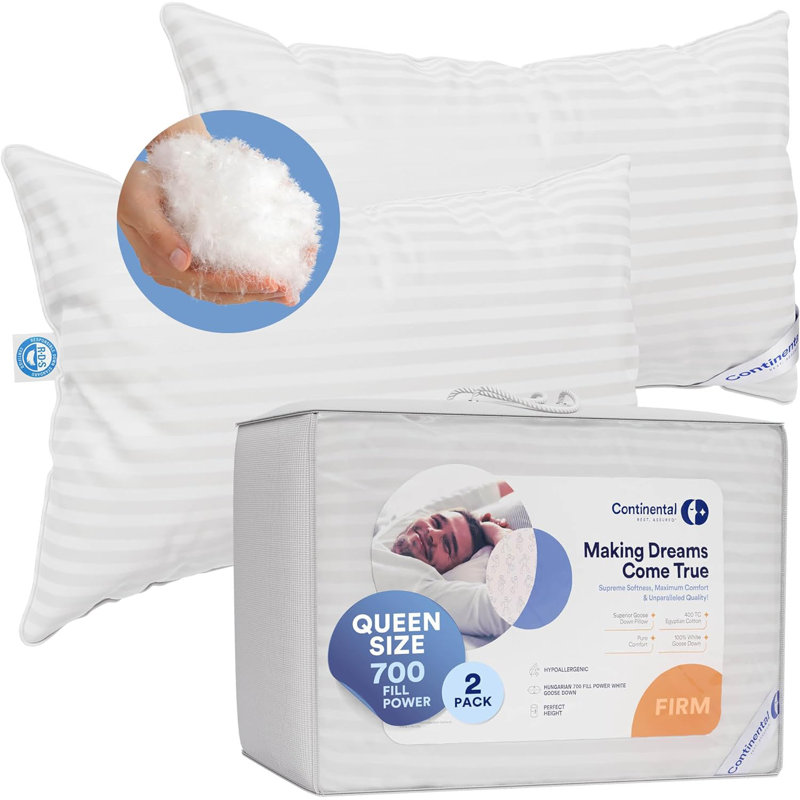 Continental Bedding Luxury 700 Fill Power Down Bed Pillows 2 Pack, Queen, Firm