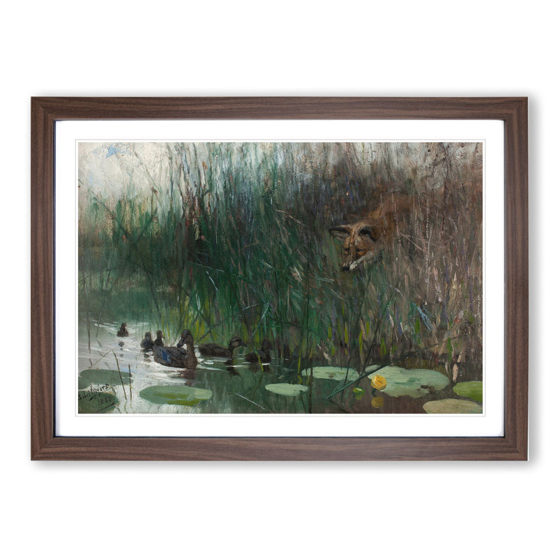 Fox Stalking Ducks by Bruno Liljefors - Picture Frame Painting, 36cm H x 48cm W x 2cm D, Walnut Framed