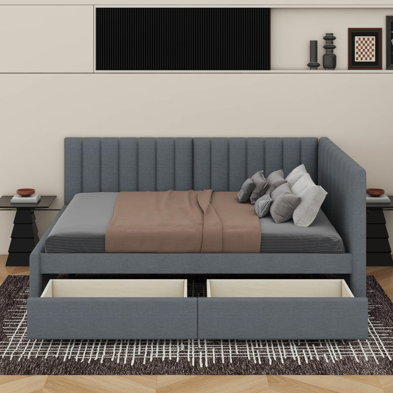 Aynslie Full Size Upholstered Daybed with 2 Storage Drawers Sofa Bed Frame, Gray