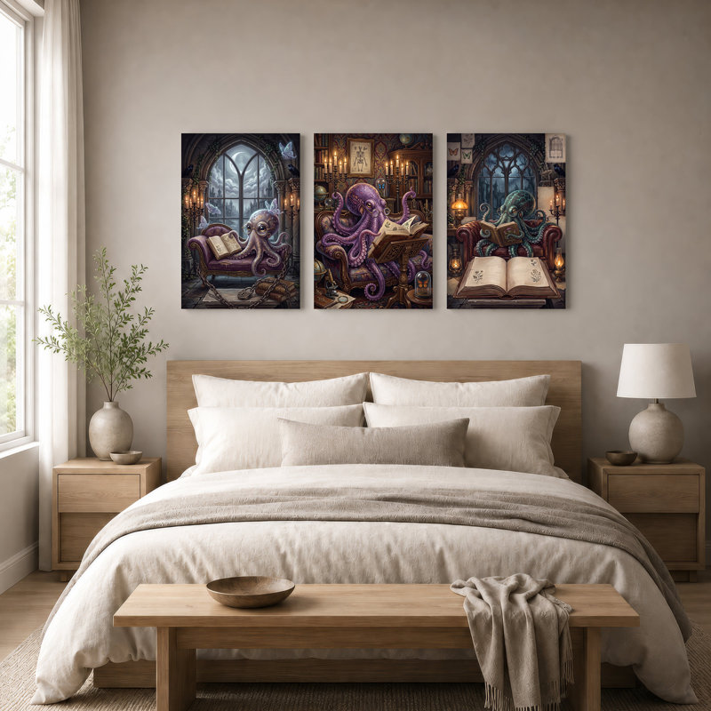 Ensemble de 3 toiles murales représentant trois pieuvres lisant des livres pour l'Halloween, 18"H x 12"W x 3pcs