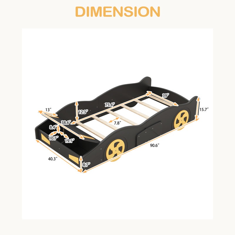 Lit plateforme avec roulettes et rangement Race, Lit simple, Noir; jaune