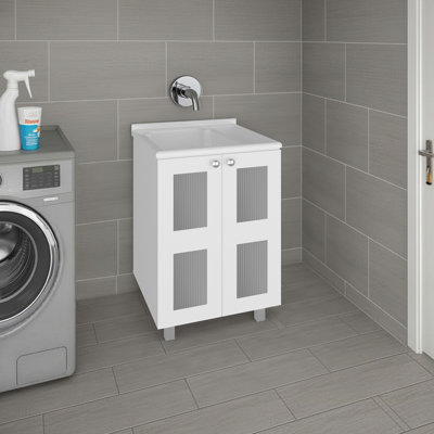 Meuble-lavabo Haysi avec 2 portes en verre dépoli, lavabo en résine et 2 tablettes