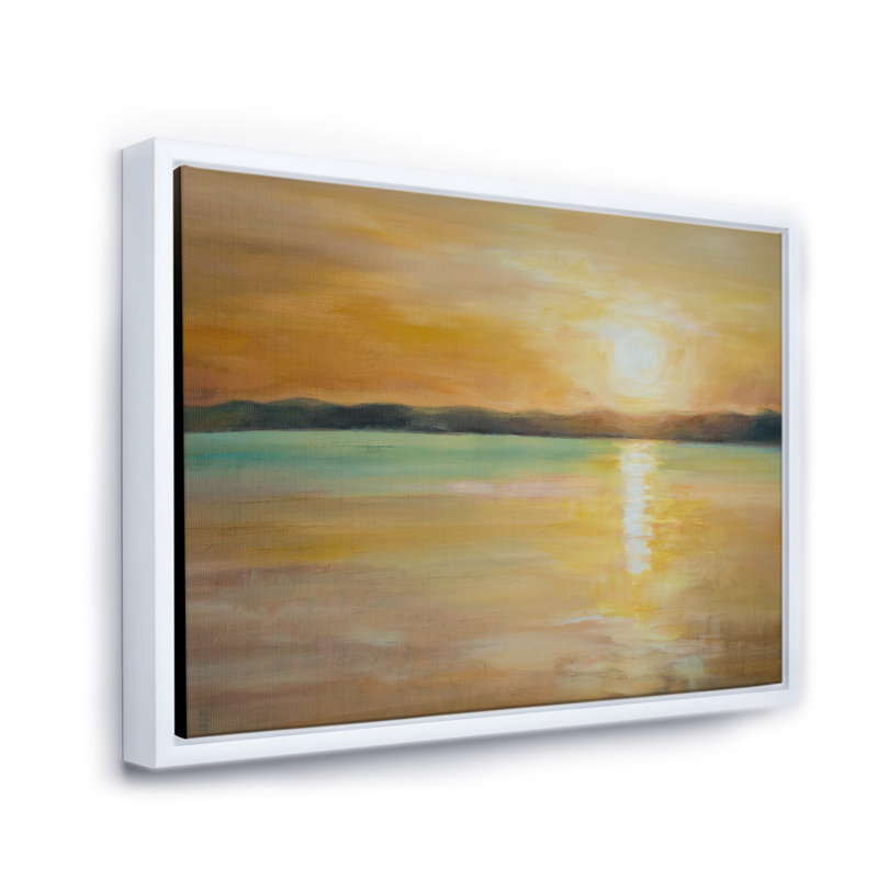 Coucher de soleil jaune à l'horizon - Peinture sur toile, Cadre flottant blanc, H 12 po x l 20 po x p 1 po